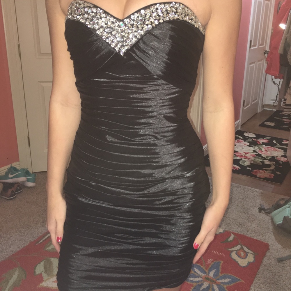 Black satin ruched dress jewel detail